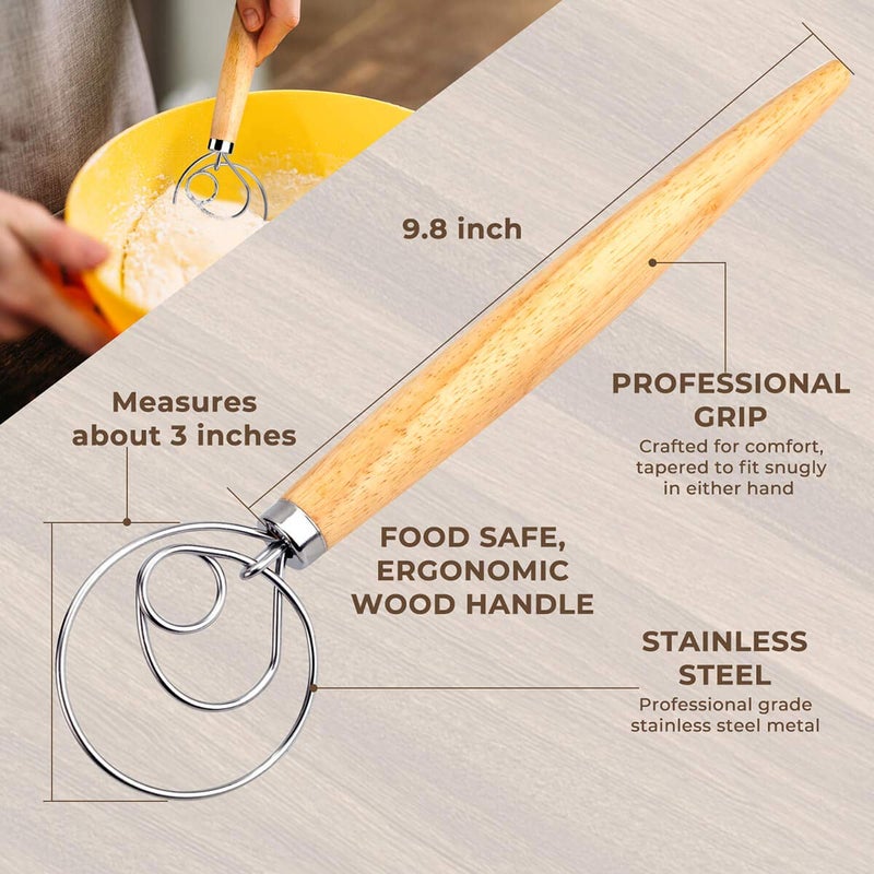 FUANRTK Danish Dough Whisk Bread Mixerï¼Œ2 Pack Premium Stainless Steel Dutch Whisk With a Dough Scraper for Bread, Pastry or Pizza Dough - Perfect Baking - Image 2